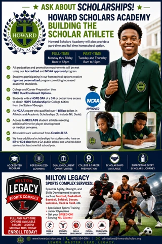Howard Scholars Academy scholarship and homeschool information flyer &mdash; accredited and NCAA approved, grades K-12, full-time and part-time options
